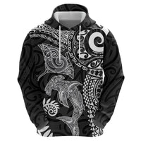 Aotearoa Maori Sea Animals Tribal Zip Hoodie Manta Ray and Shark Moko Pattern Black Color