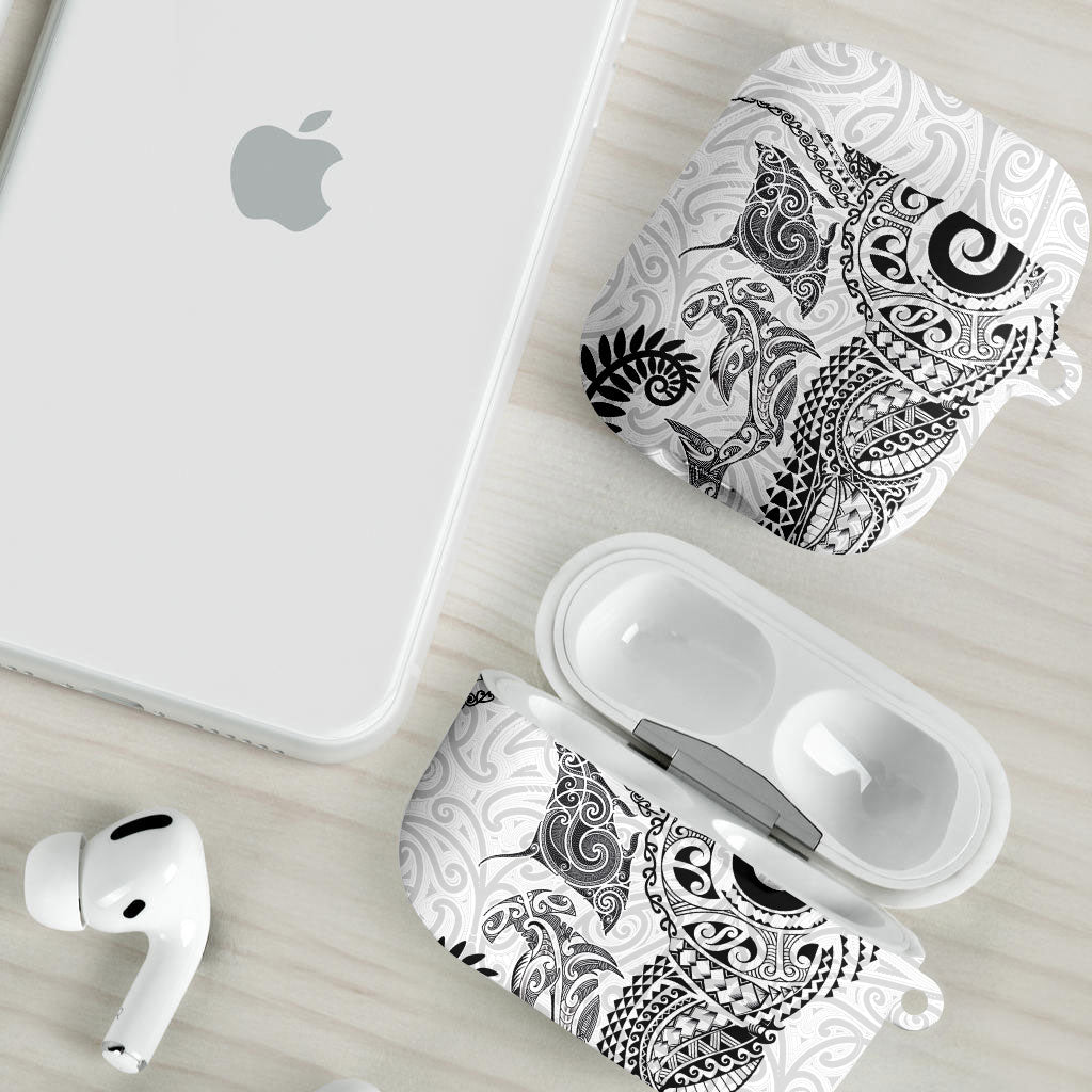 Aotearoa Maori Sea Animals Tribal AirPods Case Manta Ray and Shark Moko Pattern White Color