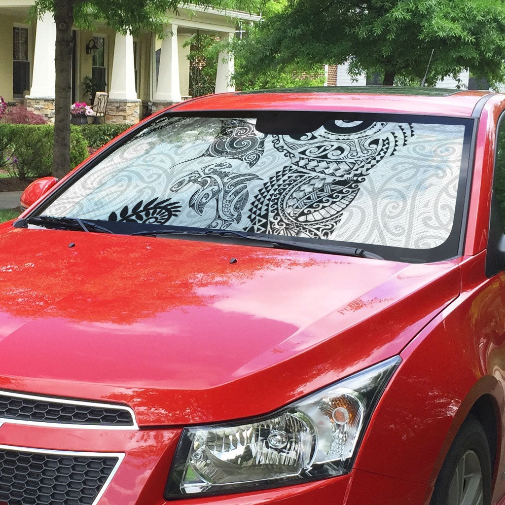 Aotearoa Maori Sea Animals Tribal Auto Sun Shade Manta Ray and Shark Moko Pattern White Color