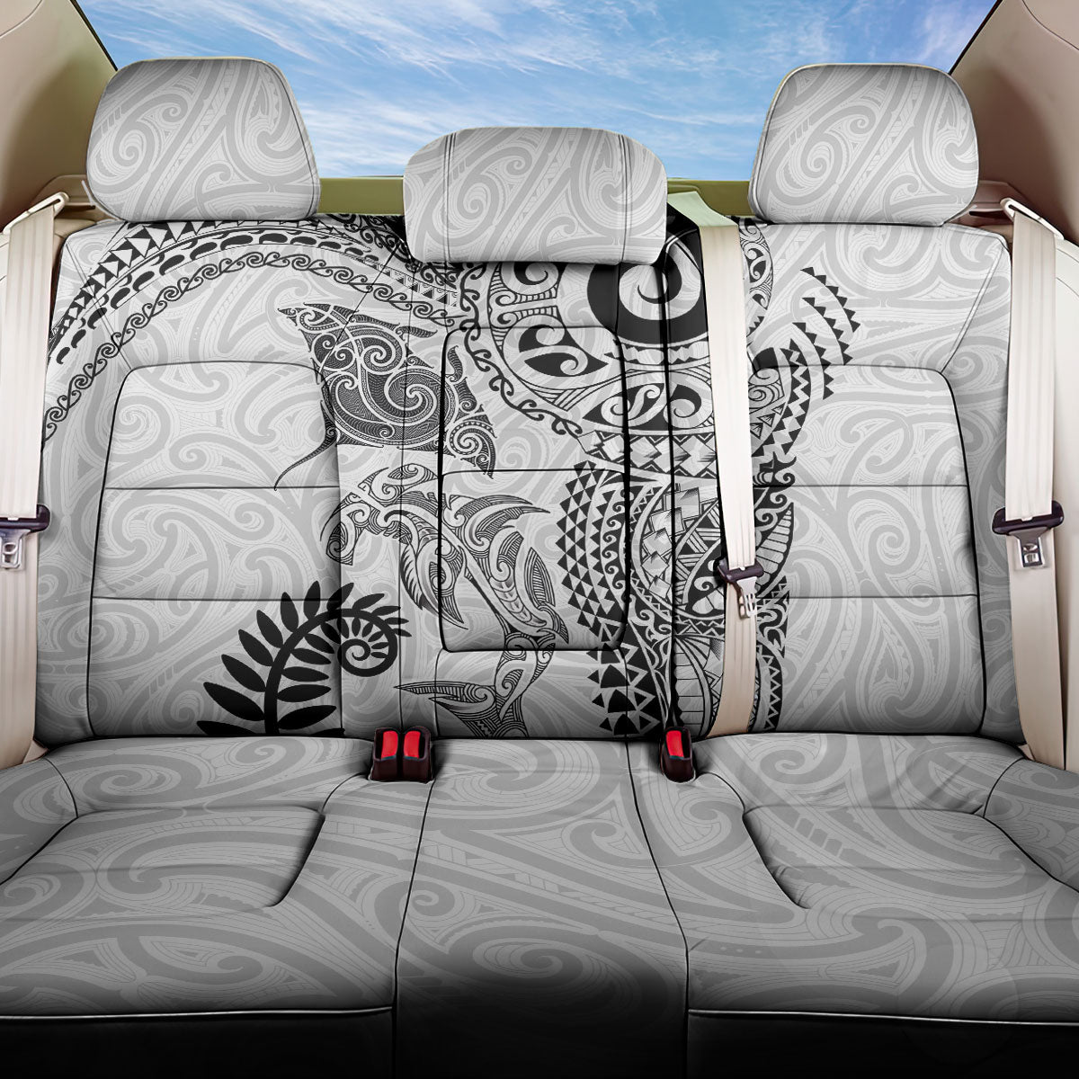 Aotearoa Maori Sea Animals Tribal Back Car Seat Cover Manta Ray and Shark Moko Pattern White Color