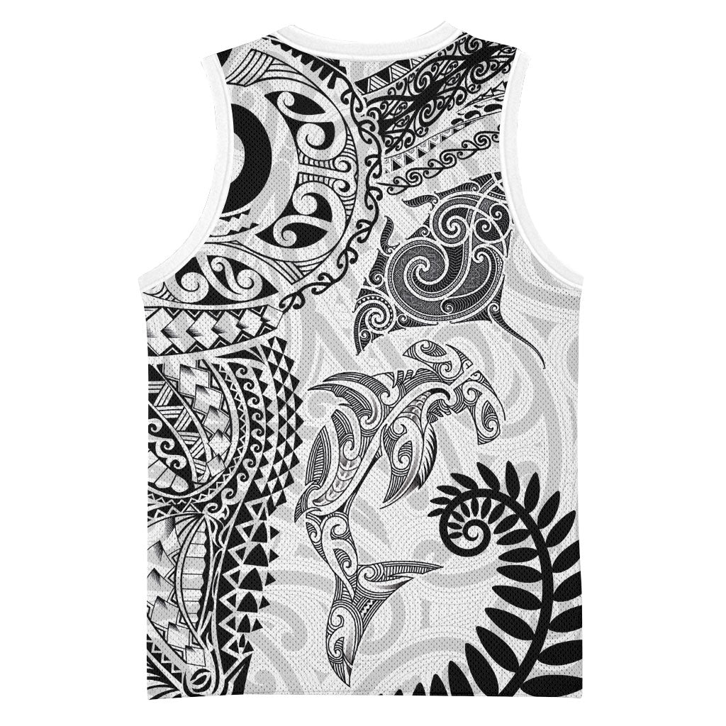 Aotearoa Maori Sea Animals Tribal Basketball Jersey Manta Ray and Shark Moko Pattern White Color