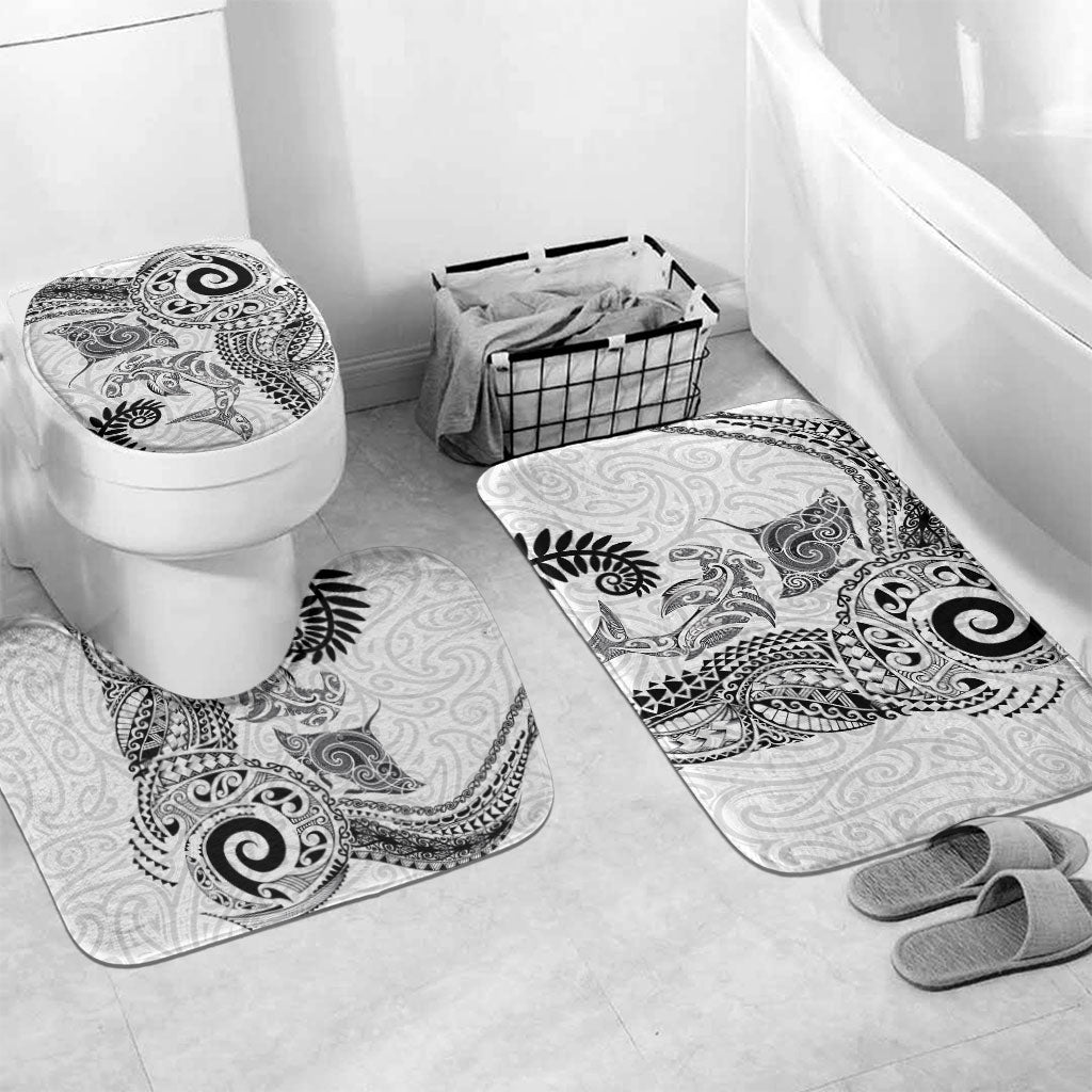 Aotearoa Maori Sea Animals Tribal Bathroom Set Manta Ray and Shark Moko Pattern White Color