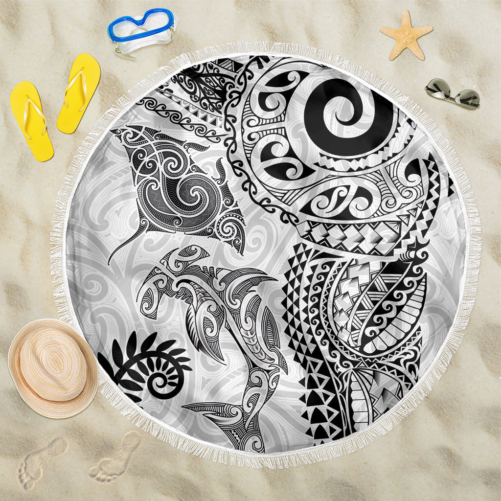Aotearoa Maori Sea Animals Tribal Beach Blanket Manta Ray and Shark Moko Pattern White Color