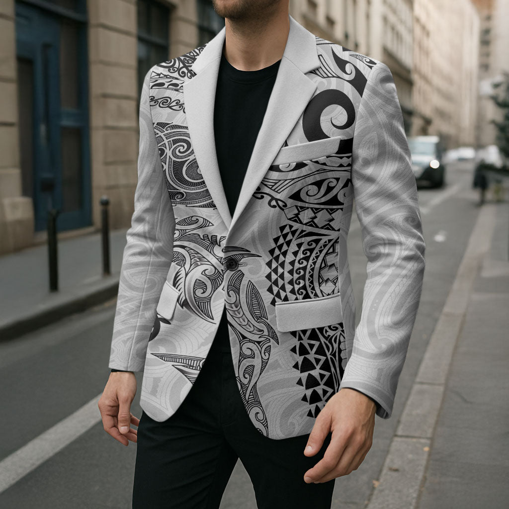 Aotearoa Maori Sea Animals Tribal Blazer Manta Ray and Shark Moko Pattern White Color