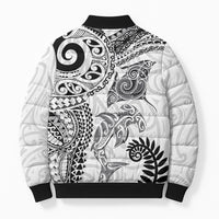 Aotearoa Maori Sea Animals Tribal Bomber Puffer Jacket Manta Ray and Shark Moko Pattern White Color