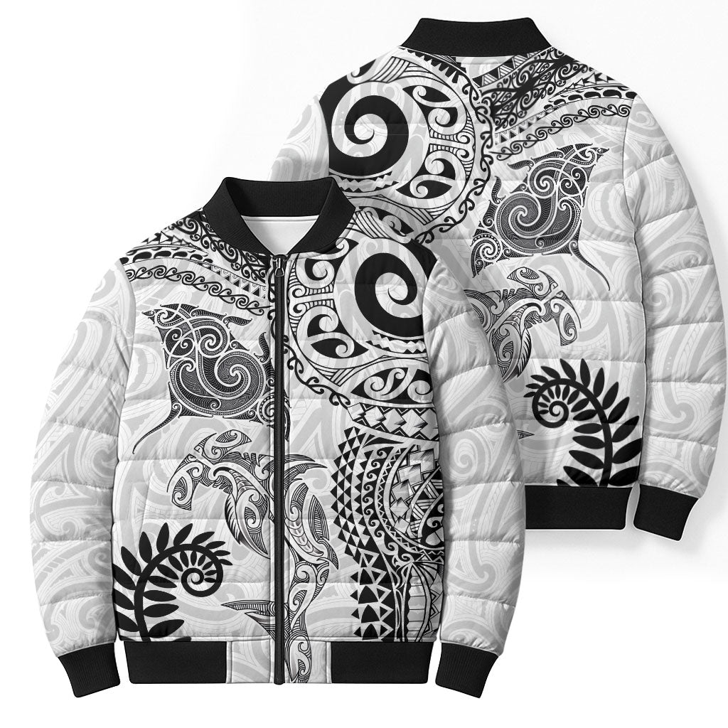 Aotearoa Maori Sea Animals Tribal Bomber Puffer Jacket Manta Ray and Shark Moko Pattern White Color