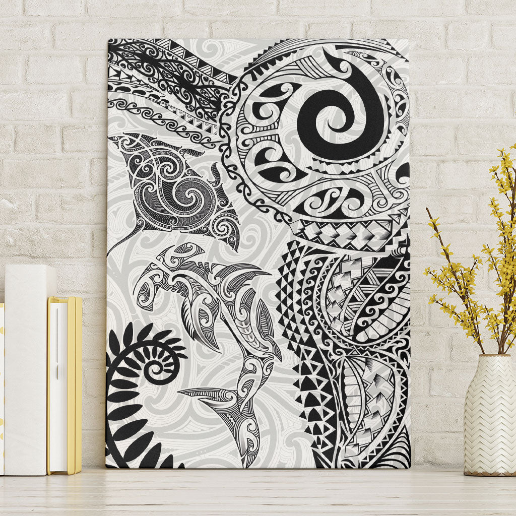 Aotearoa Maori Sea Animals Tribal Canvas Wall Art Manta Ray and Shark Moko Pattern White Color