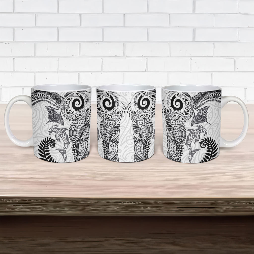 Aotearoa Maori Sea Animals Tribal Ceramic Mug Manta Ray and Shark Moko Pattern White Color