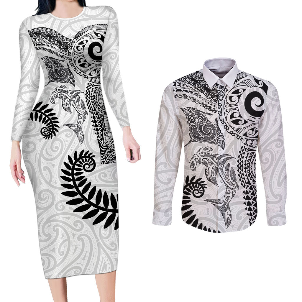 Aotearoa Maori Sea Animals Tribal Couples Matching Long Sleeve Bodycon Dress and Long Sleeve Button Shirt Manta Ray and Shark Moko Pattern White Color LT03 White - Polynesian Pride