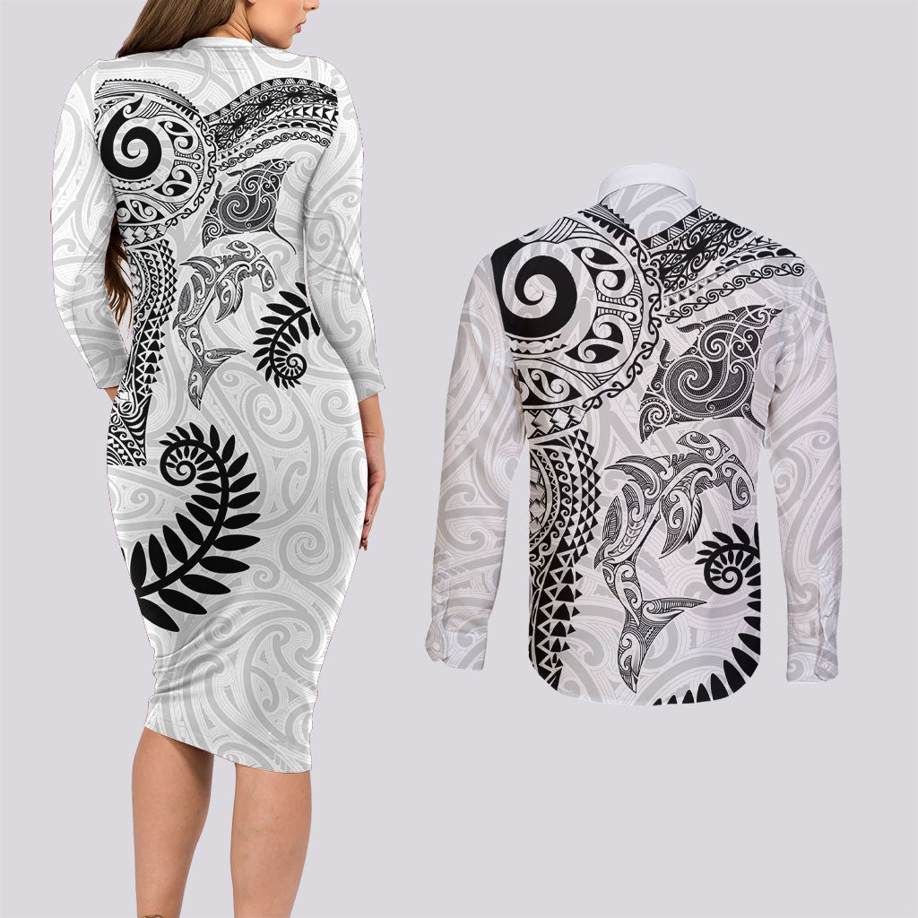 Aotearoa Maori Sea Animals Tribal Couples Matching Long Sleeve Bodycon Dress and Long Sleeve Button Shirt Manta Ray and Shark Moko Pattern White Color LT03 - Polynesian Pride