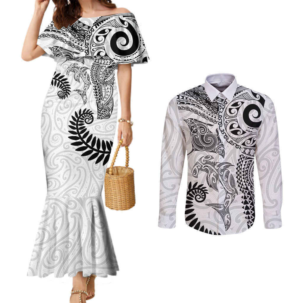 Aotearoa Maori Sea Animals Tribal Couples Matching Mermaid Dress and Long Sleeve Button Shirt Manta Ray and Shark Moko Pattern White Color LT03 White - Polynesian Pride