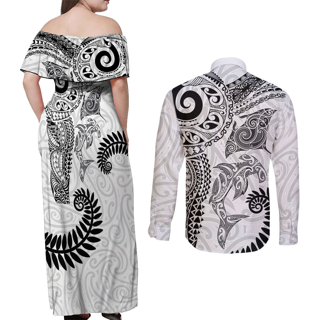 Aotearoa Maori Sea Animals Tribal Couples Matching Off Shoulder Maxi Dress and Long Sleeve Button Shirt Manta Ray and Shark Moko Pattern White Color