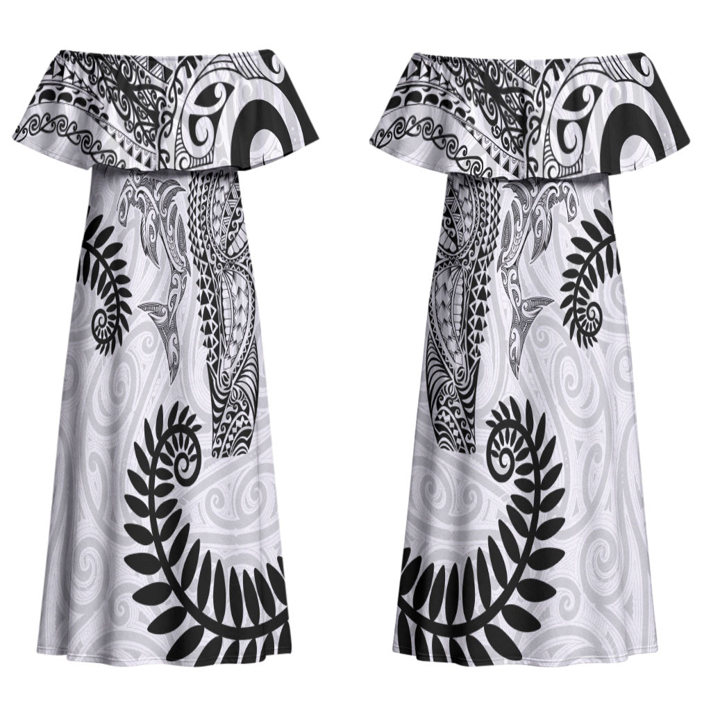 Aotearoa Maori Sea Animals Tribal Couples Matching Off Shoulder Maxi Dress and Long Sleeve Button Shirt Manta Ray and Shark Moko Pattern White Color LT03 - Polynesian Pride