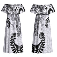 Aotearoa Maori Sea Animals Tribal Couples Matching Off Shoulder Maxi Dress and Long Sleeve Button Shirt Manta Ray and Shark Moko Pattern White Color LT03 - Polynesian Pride