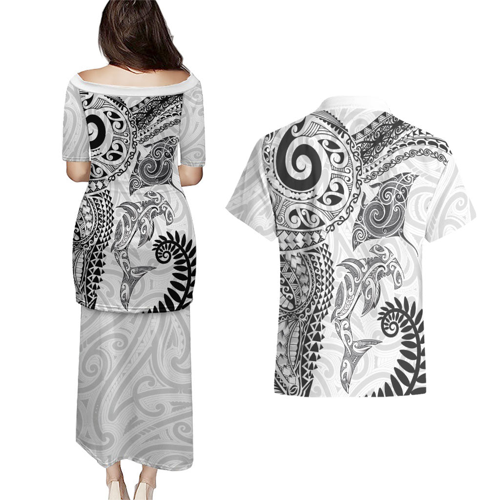 Aotearoa Maori Sea Animals Tribal Couples Matching Puletasi and Hawaiian Shirt Manta Ray and Shark Moko Pattern White Color