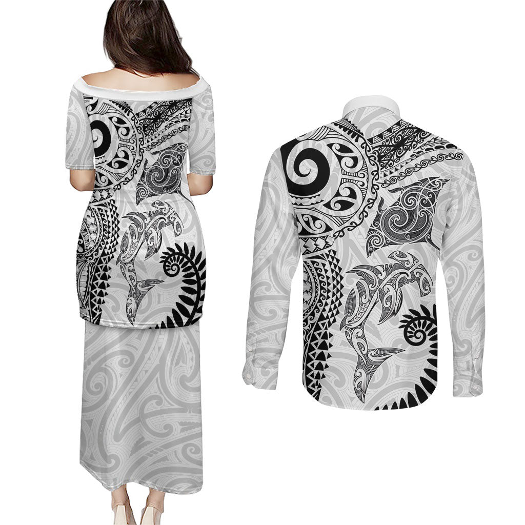 Aotearoa Maori Sea Animals Tribal Couples Matching Puletasi and Long Sleeve Button Shirt Manta Ray and Shark Moko Pattern White Color