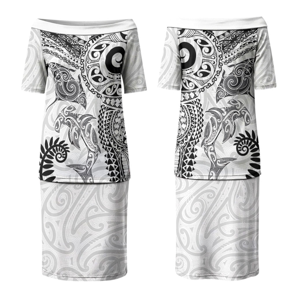 Aotearoa Maori Sea Animals Tribal Couples Matching Puletasi and Long Sleeve Button Shirt Manta Ray and Shark Moko Pattern White Color LT03 - Polynesian Pride