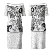 Aotearoa Maori Sea Animals Tribal Couples Matching Puletasi and Long Sleeve Button Shirt Manta Ray and Shark Moko Pattern White Color LT03 - Polynesian Pride
