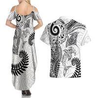 Aotearoa Maori Sea Animals Tribal Couples Matching Summer Maxi Dress and Hawaiian Shirt Manta Ray and Shark Moko Pattern White Color LT03 - Polynesian Pride