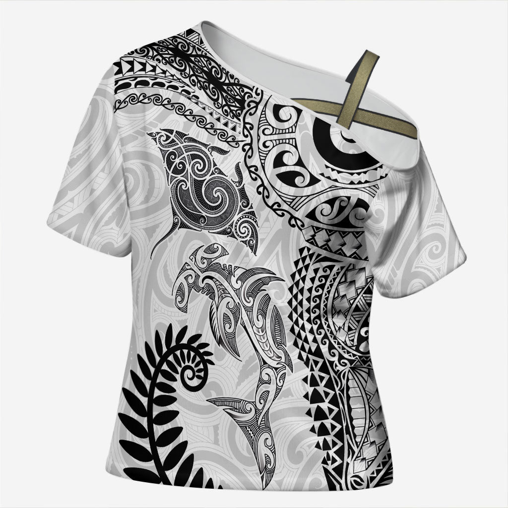 Aotearoa Maori Sea Animals Tribal Cross Shoulder Shirt Manta Ray and Shark Moko Pattern White Color