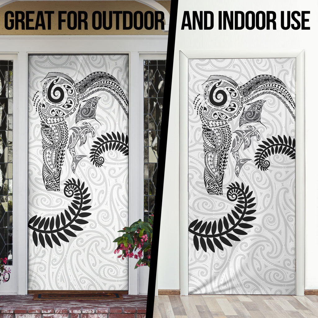 Aotearoa Maori Sea Animals Tribal Door Cover Manta Ray and Shark Moko Pattern White Color