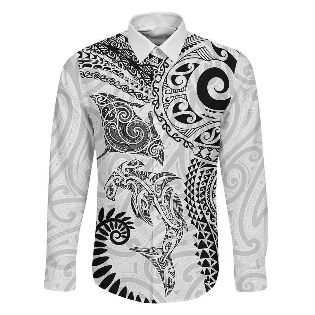 Aotearoa Maori Sea Animals Tribal Family Matching Mermaid Dress and Hawaiian Shirt Manta Ray and Shark Moko Pattern White Color LT03 Dad's Shirt - Long Sleeve White - Polynesian Pride