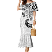 Aotearoa Maori Sea Animals Tribal Family Matching Mermaid Dress and Hawaiian Shirt Manta Ray and Shark Moko Pattern White Color LT03 Mom's Dress White - Polynesian Pride