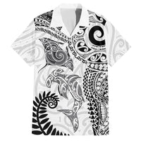 Aotearoa Maori Sea Animals Tribal Family Matching Off The Shoulder Long Sleeve Dress and Hawaiian Shirt Manta Ray and Shark Moko Pattern White Color LT03 Dad's Shirt - Short Sleeve White - Polynesian Pride