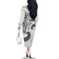 Aotearoa Maori Sea Animals Tribal Family Matching Off The Shoulder Long Sleeve Dress and Hawaiian Shirt Manta Ray and Shark Moko Pattern White Color LT03 - Polynesian Pride