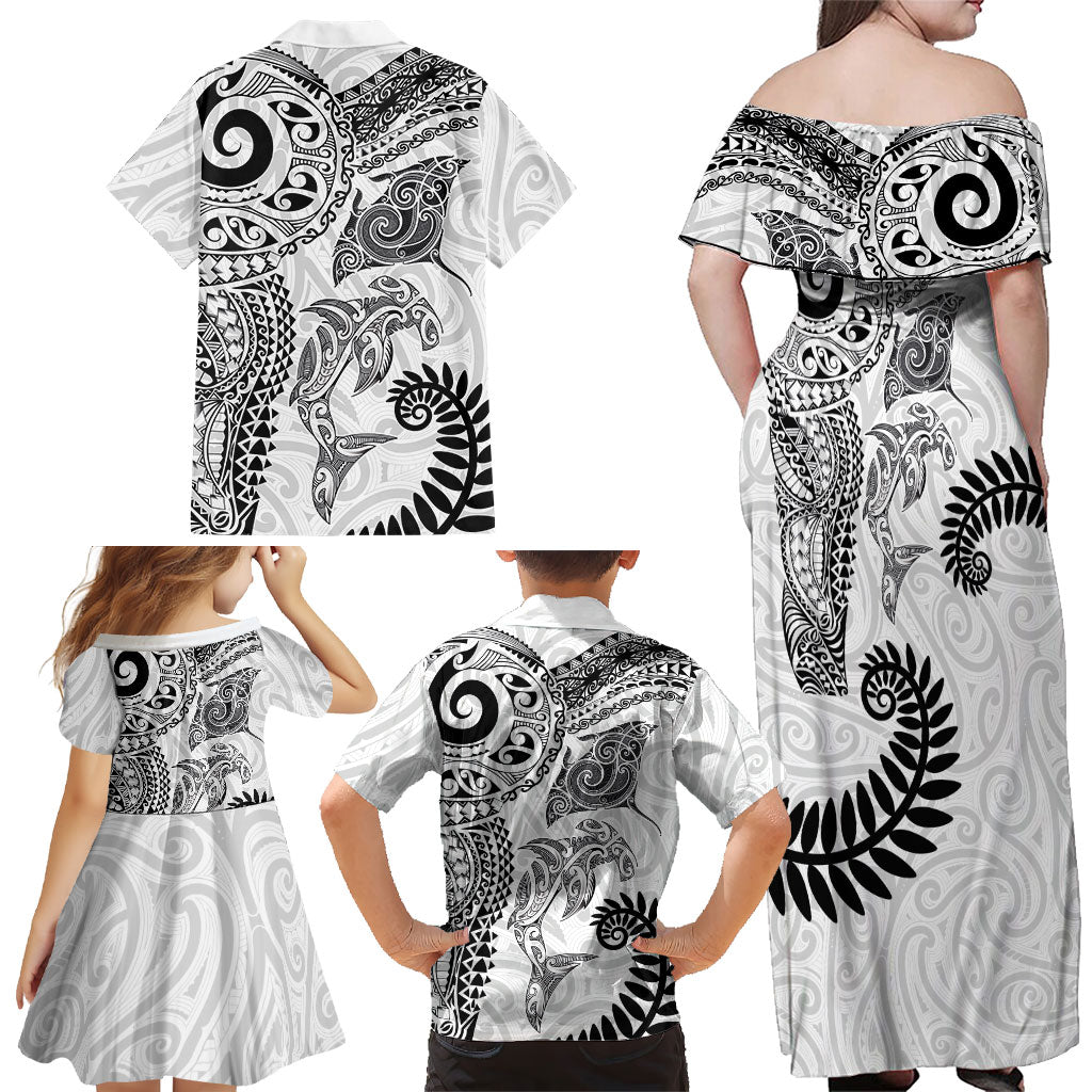 Aotearoa Maori Sea Animals Tribal Family Matching Off Shoulder Maxi Dress and Hawaiian Shirt Manta Ray and Shark Moko Pattern White Color LT03 - Polynesian Pride