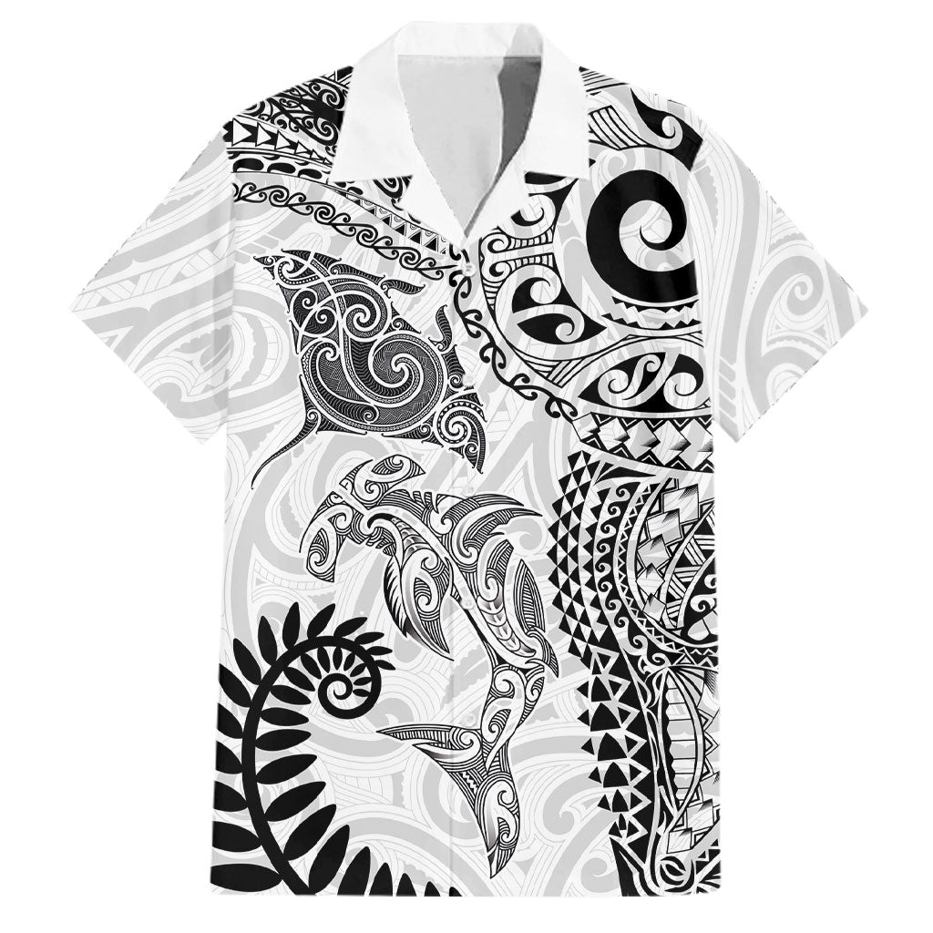 Aotearoa Maori Sea Animals Tribal Family Matching Off Shoulder Maxi Dress and Hawaiian Shirt Manta Ray and Shark Moko Pattern White Color LT03 Dad's Shirt - Short Sleeve White - Polynesian Pride