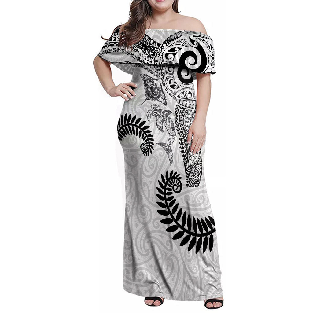 Aotearoa Maori Sea Animals Tribal Family Matching Off Shoulder Maxi Dress and Hawaiian Shirt Manta Ray and Shark Moko Pattern White Color LT03 Mom's Dress White - Polynesian Pride