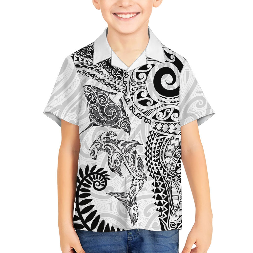 Aotearoa Maori Sea Animals Tribal Family Matching Off Shoulder Maxi Dress and Hawaiian Shirt Manta Ray and Shark Moko Pattern White Color LT03 Son's Shirt White - Polynesian Pride