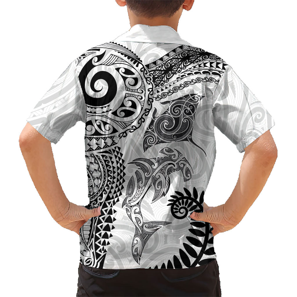 Aotearoa Maori Sea Animals Tribal Family Matching Off Shoulder Short Dress and Hawaiian Shirt Manta Ray and Shark Moko Pattern White Color LT03 - Polynesian Pride