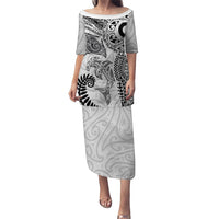 Aotearoa Maori Sea Animals Tribal Family Matching Puletasi and Hawaiian Shirt Manta Ray and Shark Moko Pattern White Color LT03 Mom's Dress White - Polynesian Pride