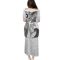 Aotearoa Maori Sea Animals Tribal Family Matching Puletasi and Hawaiian Shirt Manta Ray and Shark Moko Pattern White Color LT03 - Polynesian Pride