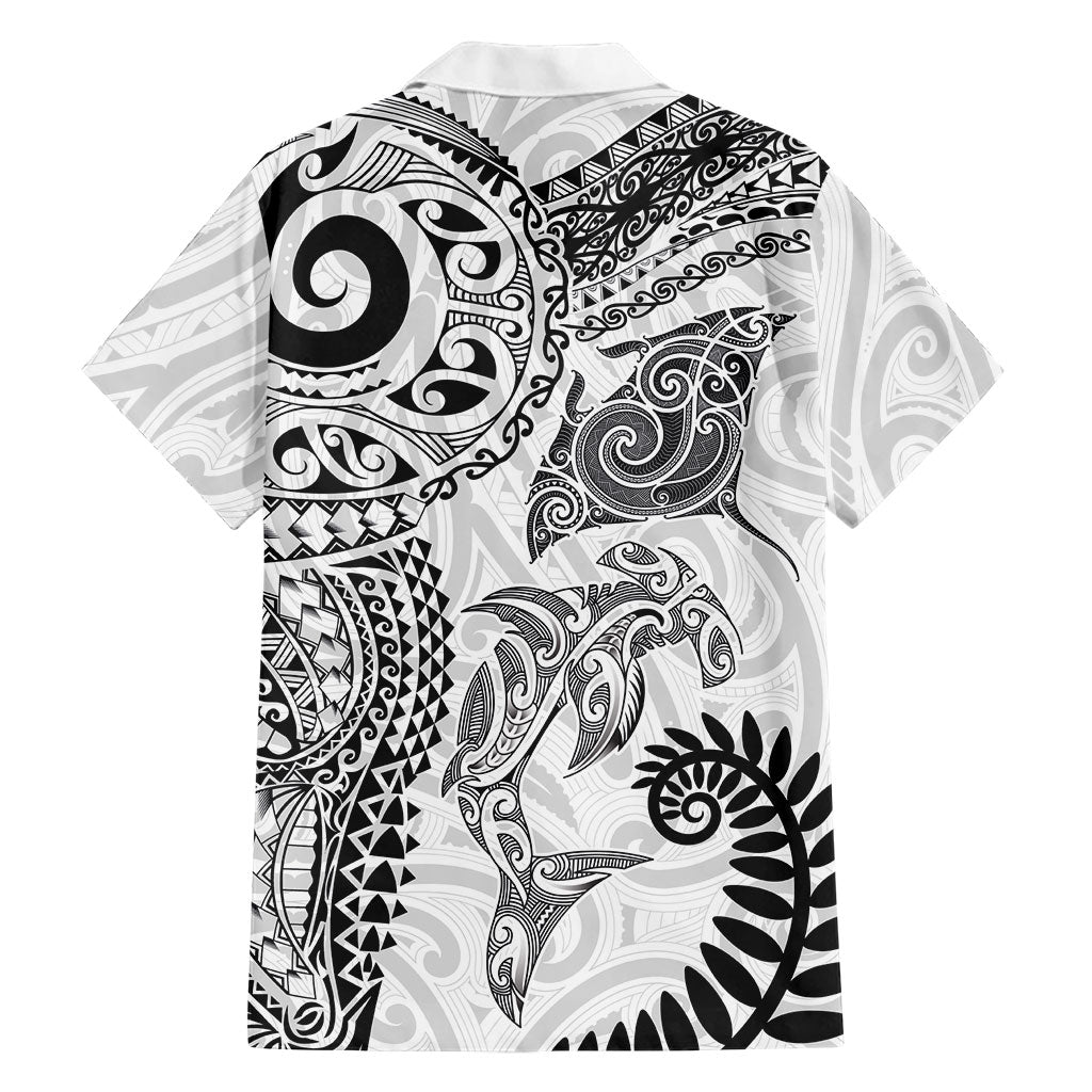 Aotearoa Maori Sea Animals Tribal Family Matching Short Sleeve Bodycon Dress and Hawaiian Shirt Manta Ray and Shark Moko Pattern White Color LT03 - Polynesian Pride