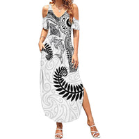 Aotearoa Maori Sea Animals Tribal Family Matching Summer Maxi Dress and Hawaiian Shirt Manta Ray and Shark Moko Pattern White Color LT03 Mom's Dress White - Polynesian Pride