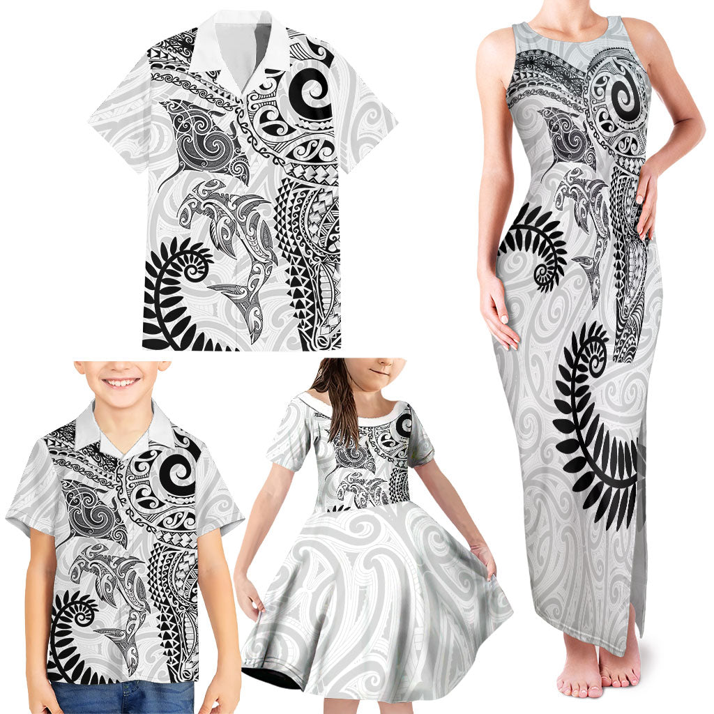 Aotearoa Maori Sea Animals Tribal Family Matching Tank Maxi Dress and Hawaiian Shirt Manta Ray and Shark Moko Pattern White Color LT03 - Polynesian Pride