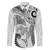 Aotearoa Maori Sea Animals Tribal Family Matching Tank Maxi Dress and Hawaiian Shirt Manta Ray and Shark Moko Pattern White Color LT03 Dad's Shirt - Long Sleeve White - Polynesian Pride