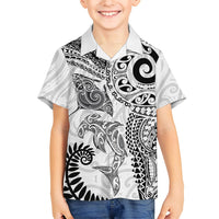 Aotearoa Maori Sea Animals Tribal Family Matching Tank Maxi Dress and Hawaiian Shirt Manta Ray and Shark Moko Pattern White Color LT03 Son's Shirt White - Polynesian Pride