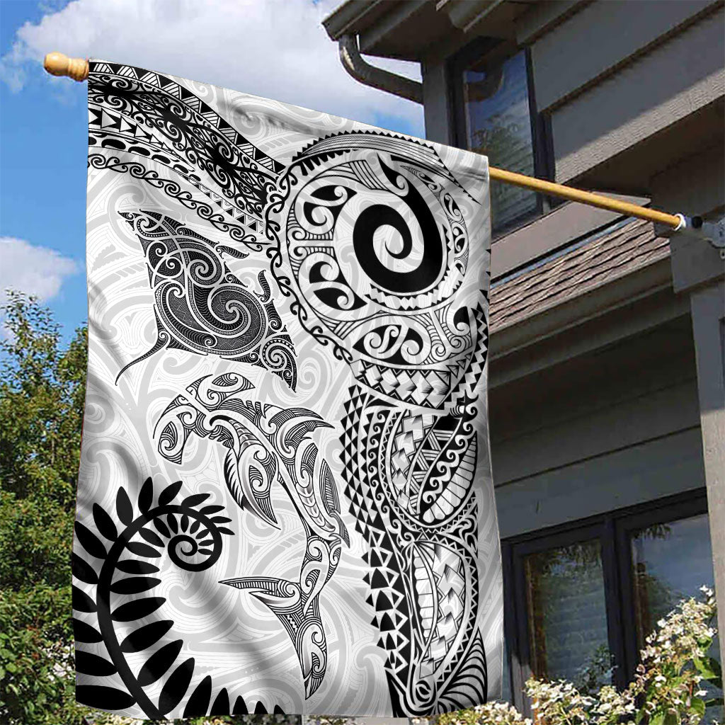 Aotearoa Maori Sea Animals Tribal Garden Flag Manta Ray and Shark Moko Pattern White Color LT03 - Polynesian Pride