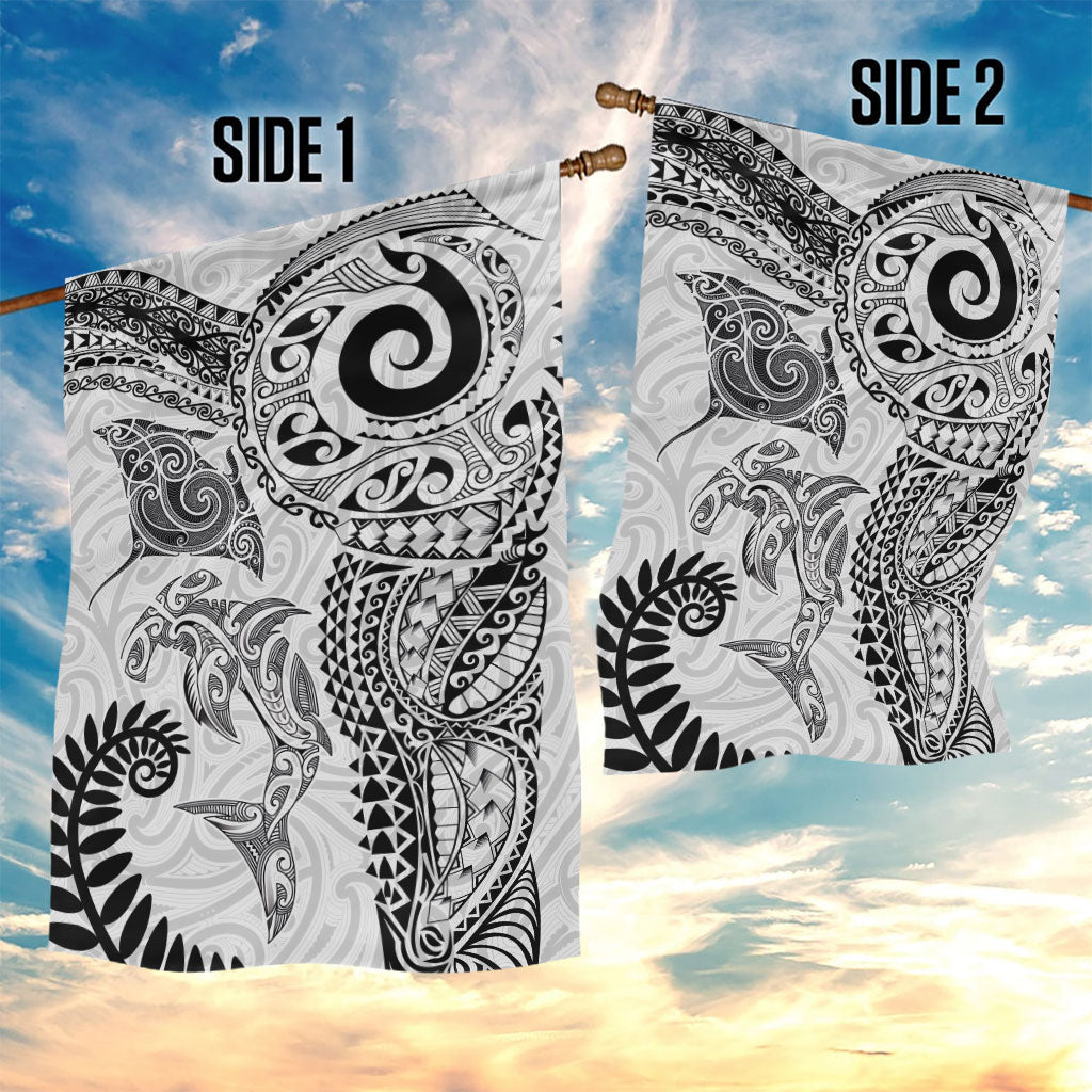 Aotearoa Maori Sea Animals Tribal Garden Flag Manta Ray and Shark Moko Pattern White Color LT03 - Polynesian Pride