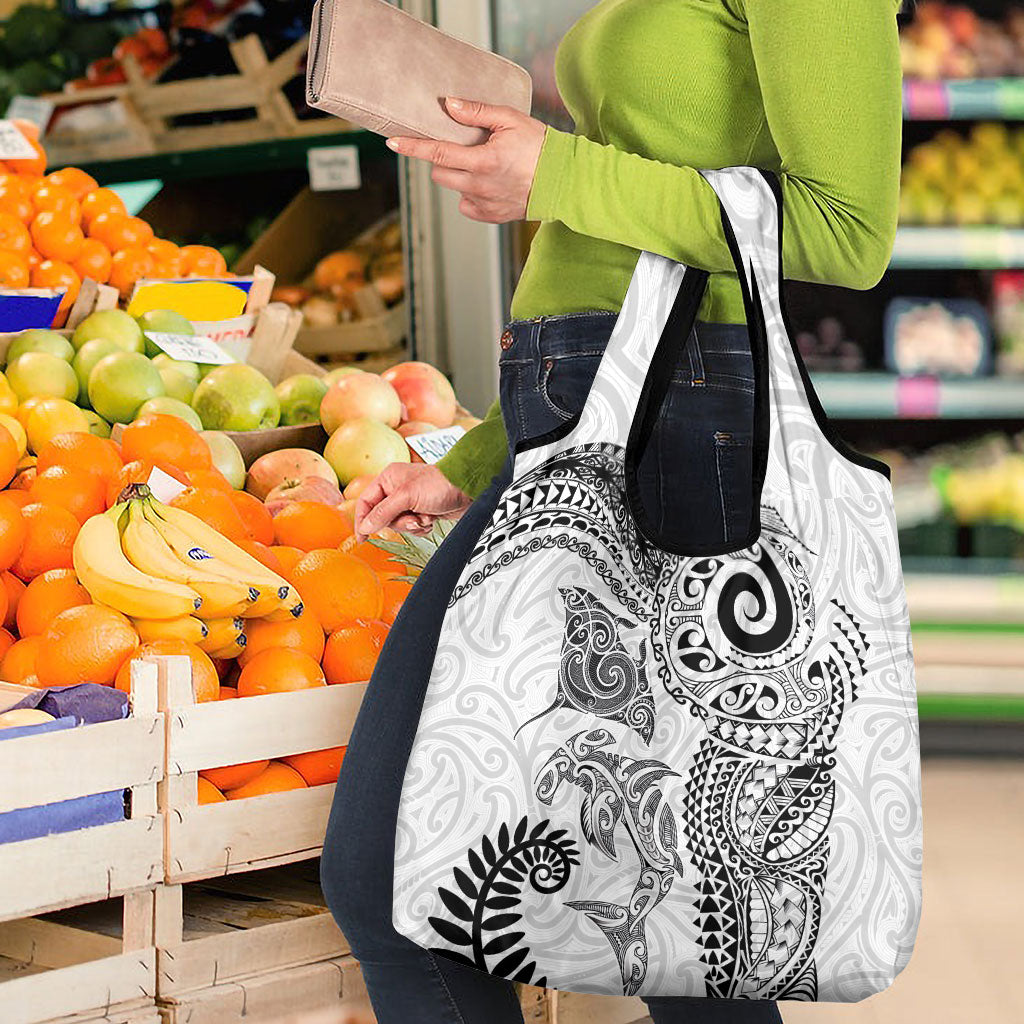 Aotearoa Maori Sea Animals Tribal Grocery Bag Manta Ray and Shark Moko Pattern White Color
