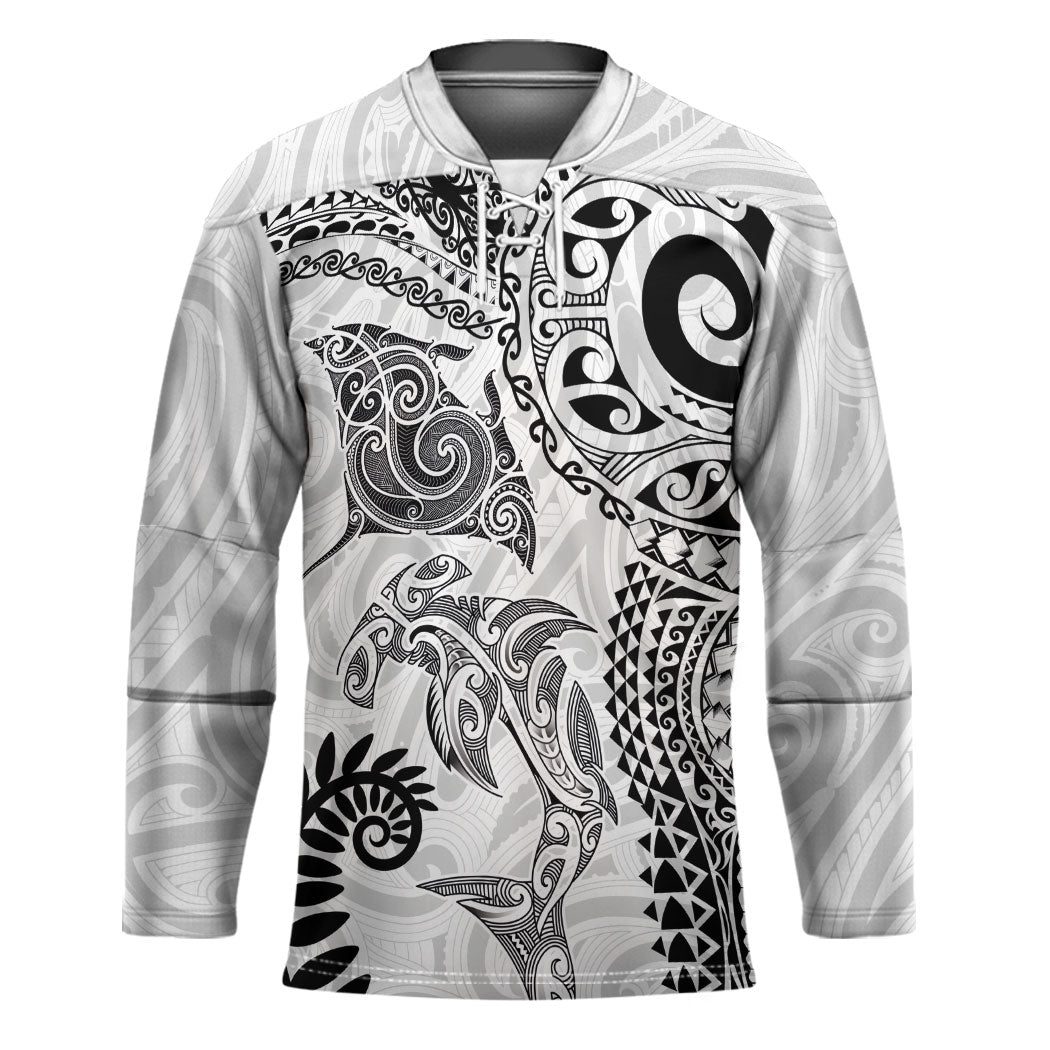 Aotearoa Maori Sea Animals Tribal Hockey Jersey Manta Ray and Shark Moko Pattern White Color