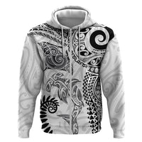 Aotearoa Maori Sea Animals Tribal Hoodie Manta Ray and Shark Moko Pattern White Color