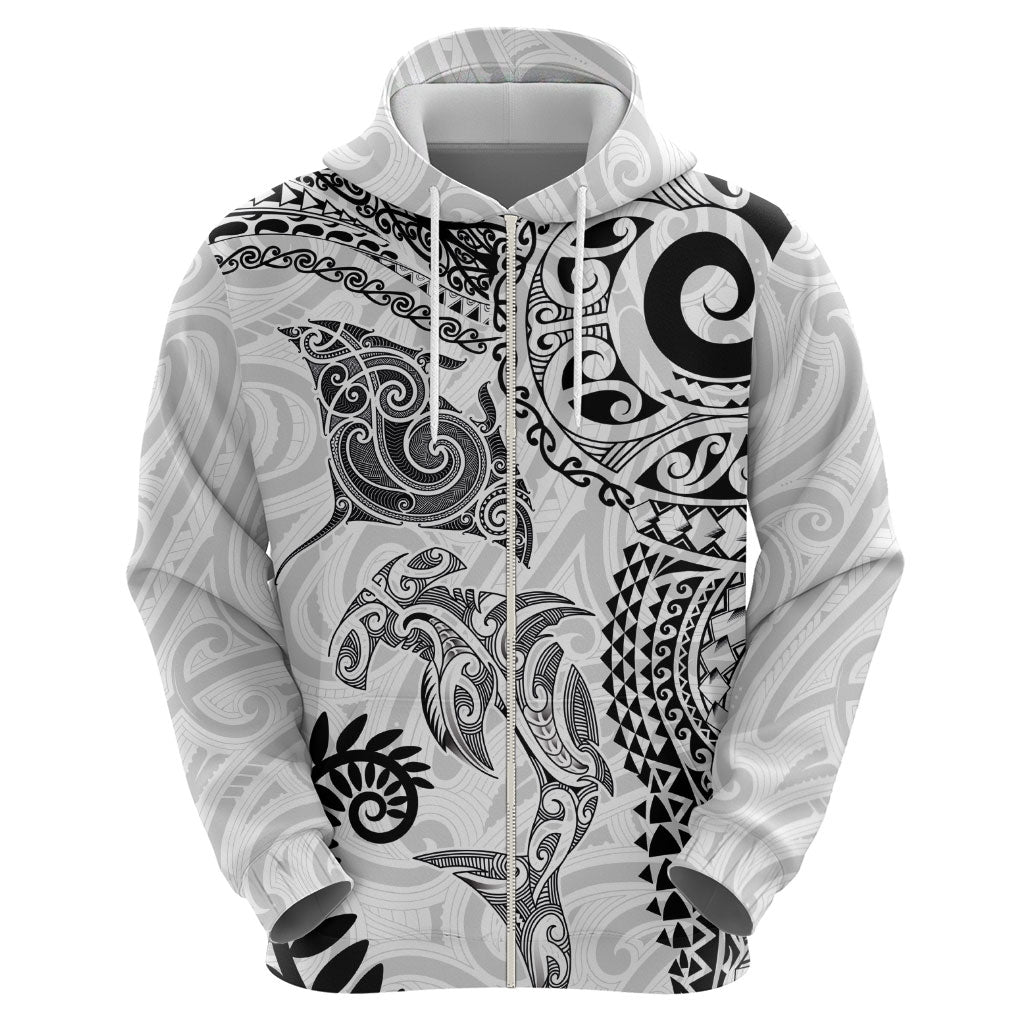 Aotearoa Maori Sea Animals Tribal Hoodie Manta Ray and Shark Moko Pattern White Color