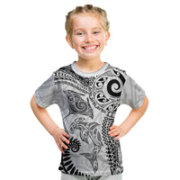 Aotearoa Maori Sea Animals Tribal Kid T Shirt Manta Ray and Shark Moko Pattern White Color