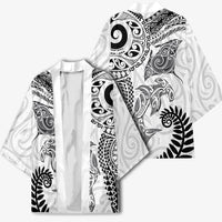 Aotearoa Maori Sea Animals Tribal Kimono Manta Ray and Shark Moko Pattern White Color