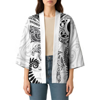 Aotearoa Maori Sea Animals Tribal Kimono Manta Ray and Shark Moko Pattern White Color